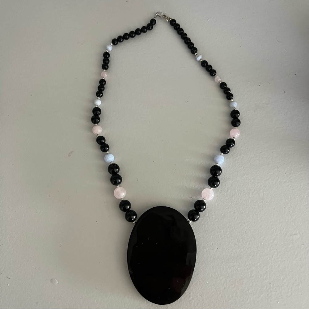 VTG Sterling 925 MOP Inlay Pink Jade BLK Onyx Agate Bead Designer Necklace - Picture 8 of 12